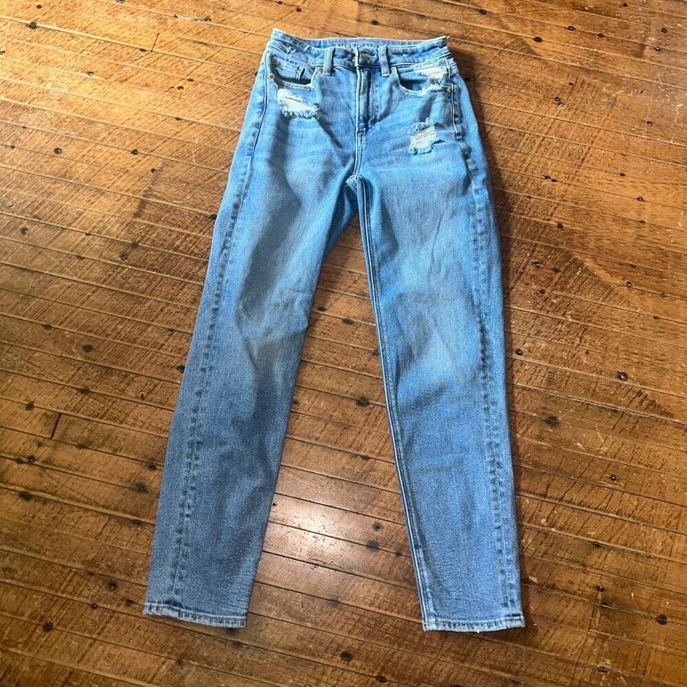 American Eagle light wash destroyed relaxed mom jeans